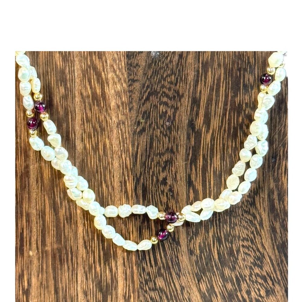 Vintage Freshwater Pearl Garnet Beaded Necklace Twisted Double Strand Gold Clasp